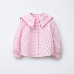 Zara Girls Pink Gingham Button-Up Blouse with Peter Pan Collar - Size 5